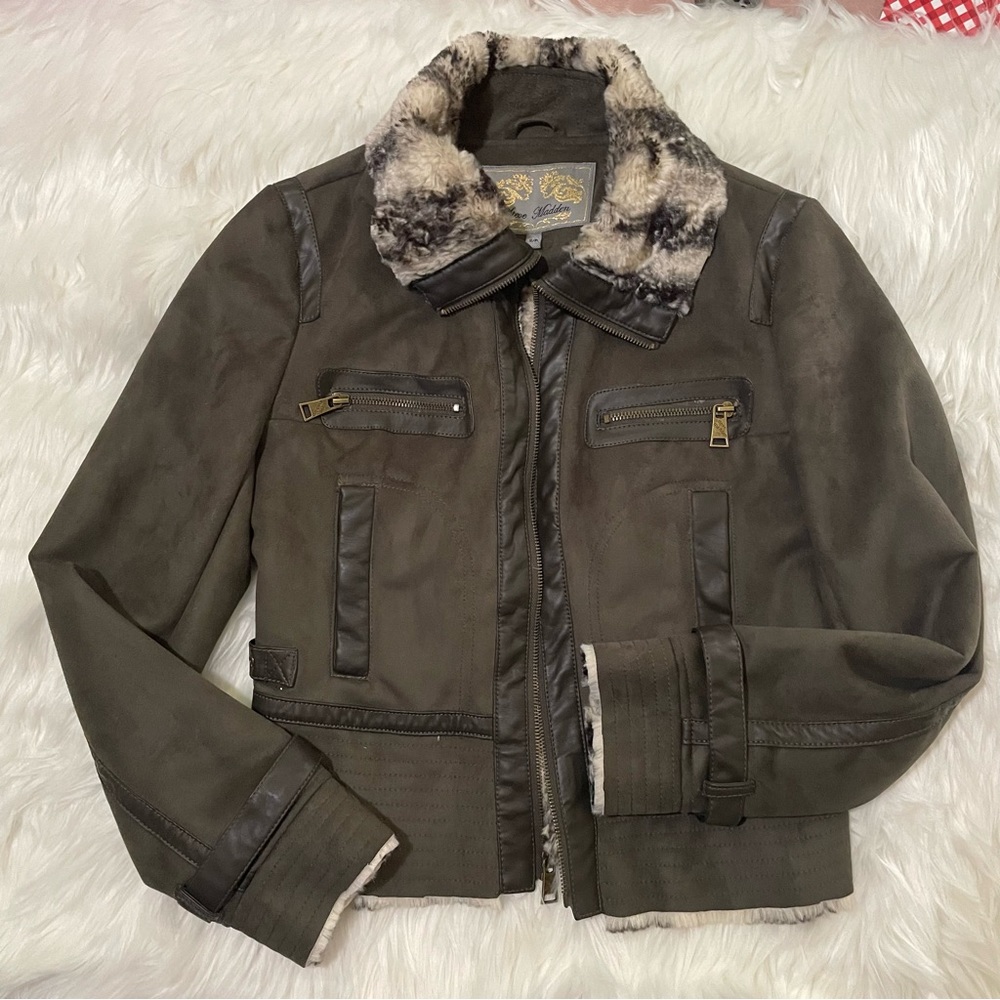 Steve Madden women’s coat jacket green army style faux fur lining small petite